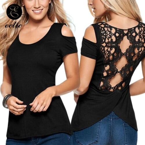 Bare Back Open Cold Shoulder Top Cutwork Lace Embroidered T Shirt Patchwork Irregular Hem Shirt 3xl Slim Fit Bodycon Shirt Women