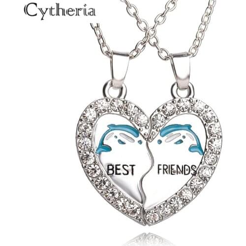 Blue Dolphin BFF Necklace Best Friends Necklaces Rhinestone Heart 2pcs animal Crystal Necklace For Bestfriend friendship forever