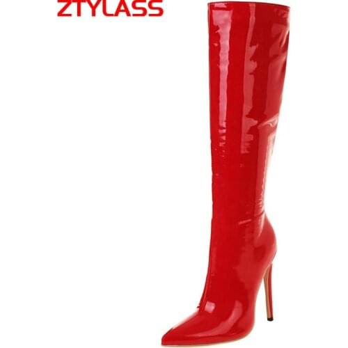 Sexy Stiletto Patent Leather Women Knee High Boots Super High Heel Long Boots Zipper Pointed Toe Autumn Winter Womans Boots