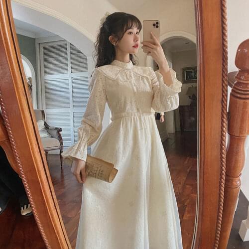Runaway Princess Dress Spring French Court Style Waist Lace Dress Literature And Art Small Fresh Medium Length Women V016