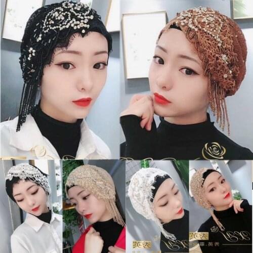 Shiny Diamond Beads Muslim Lace Cap Turban Dubai Girl Wedding Party Hat Islamic Women Wrap Headwear Hijab UAE Arab Eid Headscarf