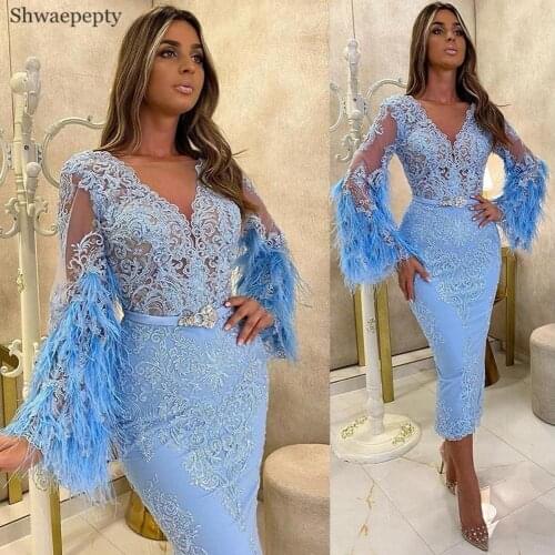 Shwaepepty Short Sky Blue Feather Evening Dress Full Sleeves Appliques Lace V Neck Tea Length Prom Dress Cocktail Party Wear