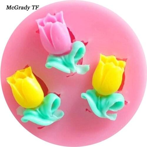 3 Holes Tulip Flowers Silicone Cake Mold 3D Fower Fondant Cake Decorating Tools DIY Pink Tulip Flower Safe Moulds Cake Tools