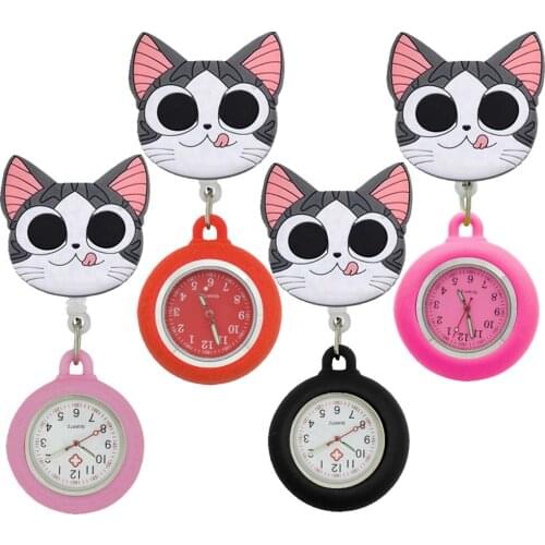 Lovely Cute Lick Tongue Cheese Cat Cartoon Silicone Stretchable Nurse Doctor Silicone Pocket Watches for Hospital Medical Gifts