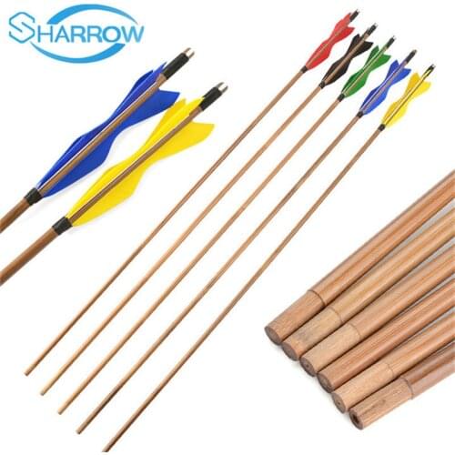 6pcs 32.8" Shooting Bamboo Arrow with 5" Turkey Feathers OD8mm Elf Feather Bamboo Arrows for Longbow Traditional Hunting Archery