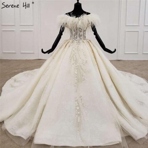 Serene Hill Champagne Handmade Flowers Feathers Wedding Dress 2020 Off Shoulder Sexy Luxury Bridal Gown Custom Made CHX0101