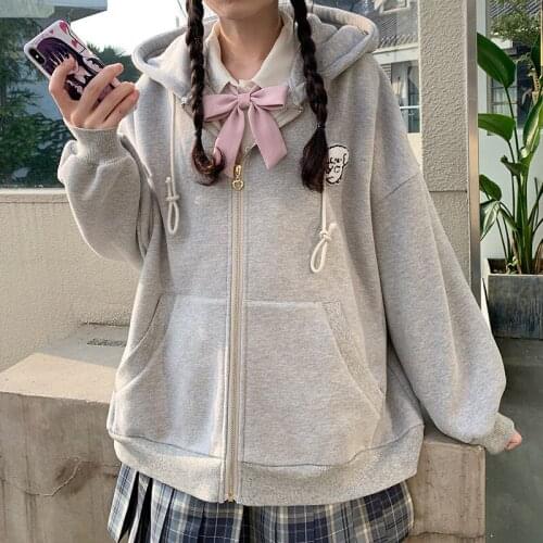 Zipper Hoodie Japanese preppy style cute puppy embroidery Oversize Outerwear streetwear Harajuku casual kawaii womens hoodie