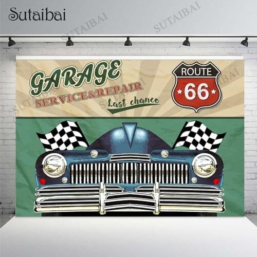 Vintage Route 66 Backdrops for Photography Garage Retro Nostalgic Car Flag Portrait Photo Background Photocall Studio Photoshoot