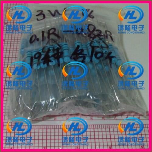 Total 190pcs/LOT 1% 3W Metal Film Resistors Assorted Kit 19Values (0.1R-0.82R ohm) ,10pcs Each value