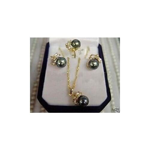 Fine quality jewelry Womens fine Black Pearl Earring Necklace Pendant Set Fashion AKOYA Jewelry word -jewelry
