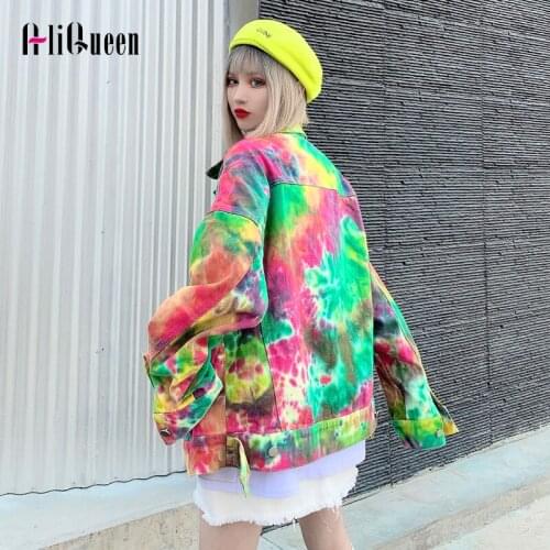 Women Painting Graffiti Jean Coat Streetwear Womens Tie-dyeing Loose Denim Jacket Pocket Outwear Female Casual Oversize Coats