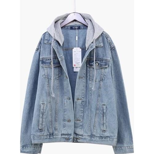 Japanese Style Women Cute Cat Embroidered Denim Jackets Autumn Long Sleeve Loose Oversize Coats Patchwork Hooded Jeans Jacket