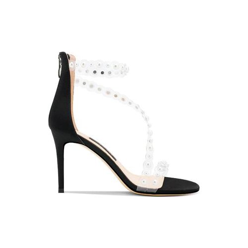 Drop Shipping Girls Sweet Black Sliver Patent Leather Pearls Cover Heel Sandals Woman One Line PVC Zipper Back Heels Shoes