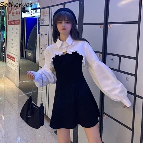 Women Sets Vintage White Shirt Slip-dress 2 Pieces Girls Sweet Lovely Elegant Novelty All-match Chic Fashion Suits Slim Simple