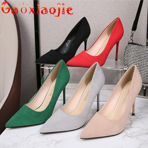 Womens Temperament Simple Pumps Fashion Solid Flock 9.5CM Office High Heel Shoes 2021 New Fine With Single Elegant Party Shoes