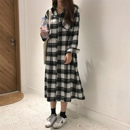 New Autumn Winter Vintage Plaid Women Shirt Dresses Female Turn-down Collar Vestidos Casual Long Sleeve Office Long Dress WZ119
