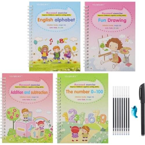 4 Books/Sets of Childrens Magic Books, Reusable 3D Calligraphy Copybooks, English Number Lettering Magic Practice Copybooks