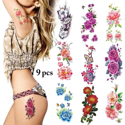 9 Sheets Kapmore Flower Tattoo Stickers Fashion Water Transfer Tattoos Body Art Stickers Women Girls Sexy Temporary Tattoos