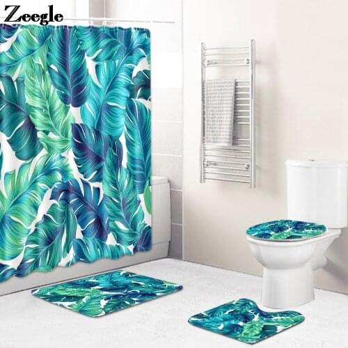 Bamboo Leaves Print Bath Mat and Shower Curtain Set Bathroom Decor Carpet Absorbent Toilet Mat Rugs Flannel Foot Mats Set