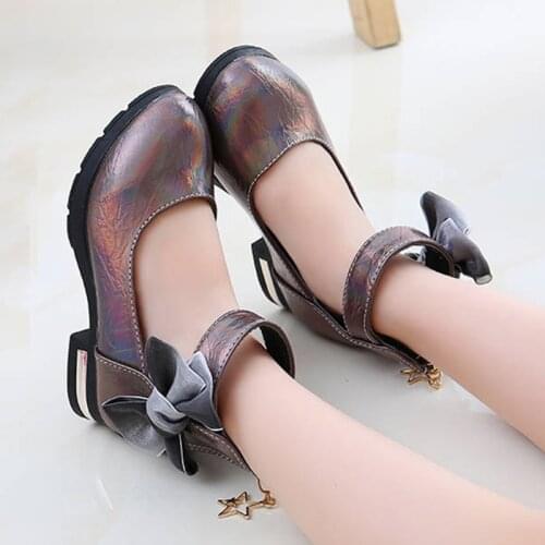 Champagne Childrens Girls High Heeled Leather Shoes For Big Girls Party Wedding Princess Dress Shoes New 2020 4 6 8 10 12 Years