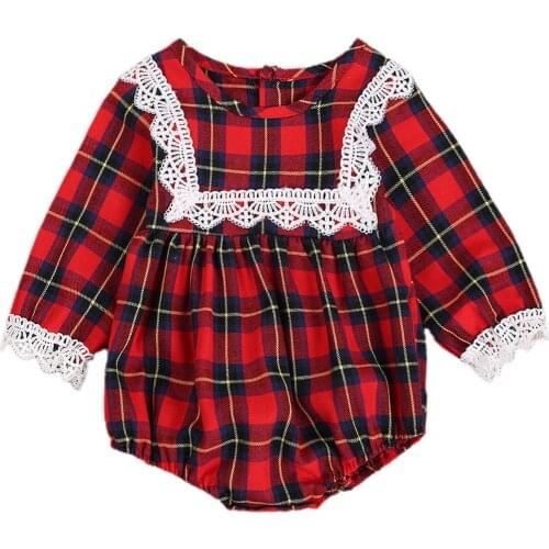 Infant Red Plaid Printed and Lace Pattern Long Sleeve Romper Toddler Baby Round Collar One-piece Bodysuit for Girls 0-18 Months