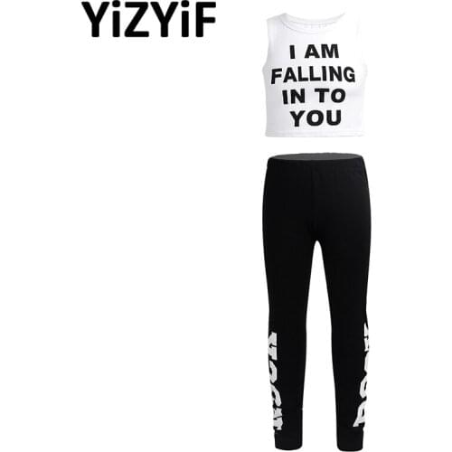 2Pcs Kids Girls Dance Outfit Stage Performance Jazz Street Dance Costumes Outfit Letter Printed Tanks Crop Top With Leggings Set