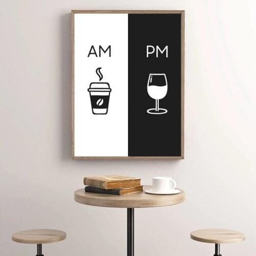 Modern Style Canvas Painting AM Coffee PM Wine Sign Wall Art Posters Print Picture Bar Shop Kitchen Restaurant Home Decoration
