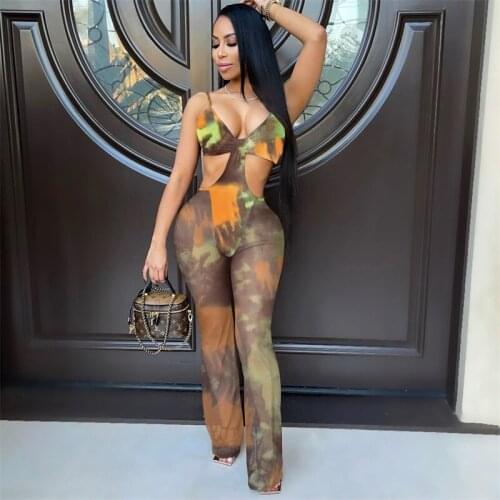 Tie Dye Print Women Jumpsuit Sexy Summer Party Mesh Hollow Out Playsuits V Neck Sleeveless Bodycon Overalls Feminino Body