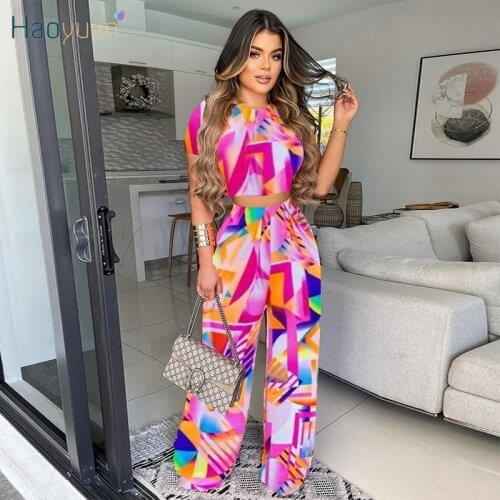 HAOYUAN Tie Dye 2 Piece Set Short Sleeve Crop Top Wide Leg Pants Fall Festival Clothes Sexy Club Outfits for Women Matching Sets
