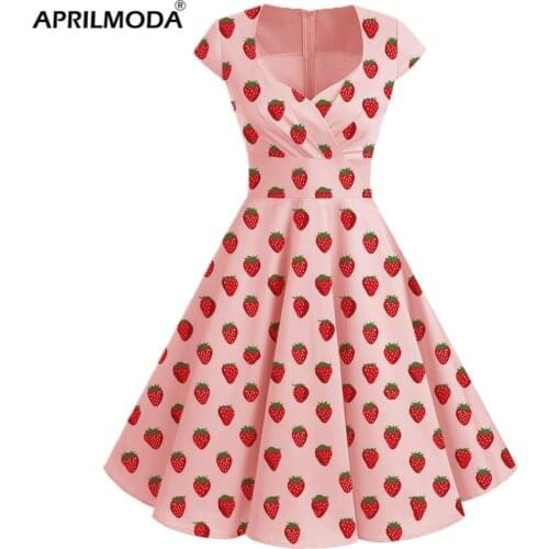 Strawberry Printed Short Midi Casual 50s Dress Cap Sleeve A Line Swing Vintage Party Jurken Pin Up Rockabilly Women Clothing