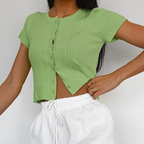 Summer Womens Top Round Neck Short Sleeve T-shirt Button Down Sexy Crop Tops Leisure Basic Fashion Knitted Tee Retro Streetwear