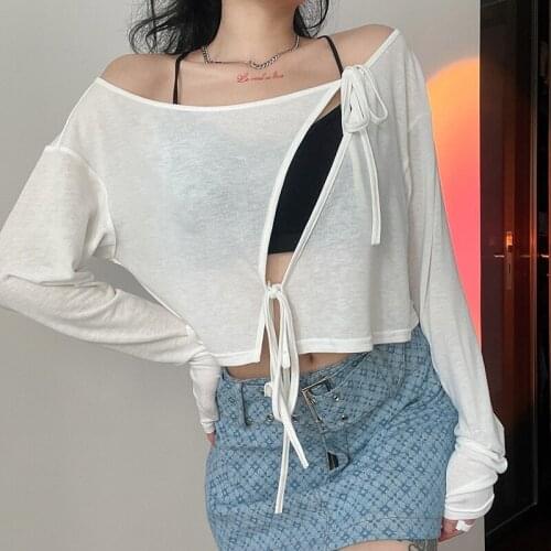 Summer Casual Cover Long Sleeve T-Shirt Smock Solid Color Round Neck Split Cutout Lace-Up Fitting Straight Pullover Crop Tops