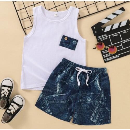 Baby Boys Tank + Shorts, Pocket Button Decoration, Drawstring Elastic Waist Retro Distressed Pattern Summer Clothing