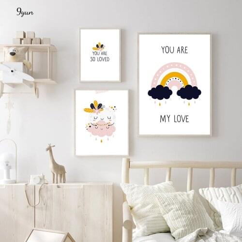 Cute Baby Rainbow Clouds Moon Letter Stars Wall Art Nursery Poster Print Canvas Painting Scandinavian Children Room Decoration