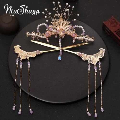 NiuShuya New Hanfu Costume Bridal Headdress Chinese Hair Accessories Pearl Crystal Flower Wedding Jewelry