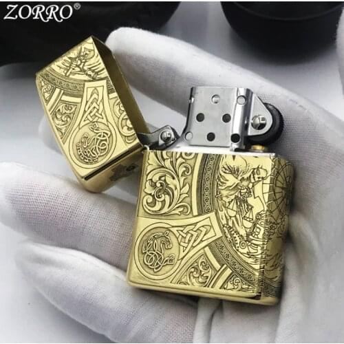 Original Zorro Kerosene Lighter Pure Copper Carving Classic TQ Knight Pattern Business Gift Outside Ignition Tool