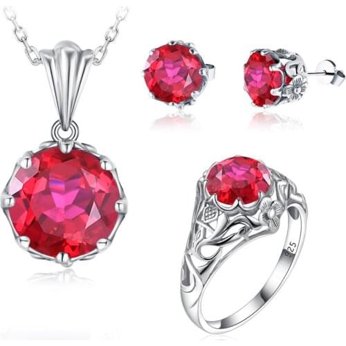 Szjinao 925 Silver Jewellery Set For Women Real 925 Sterling Silver Pendant Earrings Ring Set Ruby Luxury Party Wedding Jewelry