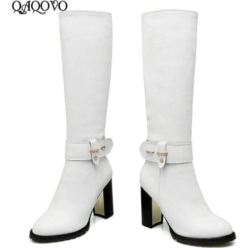 Winter Plush Warm Women Boots Fashion Sqaure High Heel Knee High Boots Round Toe Zipper Boots Ladies Shoes Black White Brown