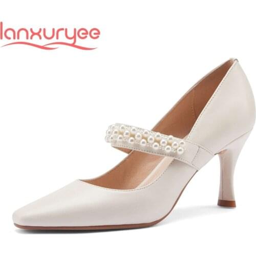Lanxuryee genuine leather small square toe thin high heels pearl decoration princess style pretty girls dating women pumps L27