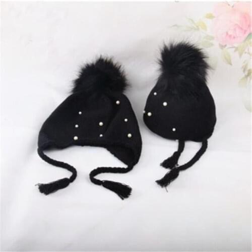 Hot Winter Baby Hats Boys And Girls Wool Ball Knitted Hat Fashion Pearl Lace Ear Cap Cute Warm Parent-Child Hat