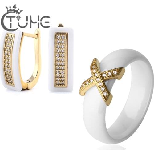 Jewelry Sets Golden Ceramic Rings Earrings Brand Design U Ben Stud Earrings Jewelry Crystal Party Accessory For Women Mother