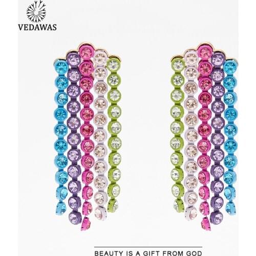 Vedawas ZA Sparkly Waterfall Earrings for Women Boho Crystal Sexy Colorful Shiny Long Fringed Tassel Earrings Wedding Jewelry