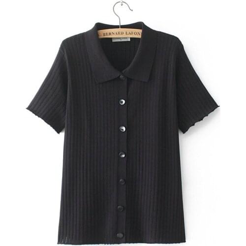 Plus Size XL-4XL Womens Knitted Summer Tshirts Casual Solid Simple Tops Turn Down Collar Simple Shirts