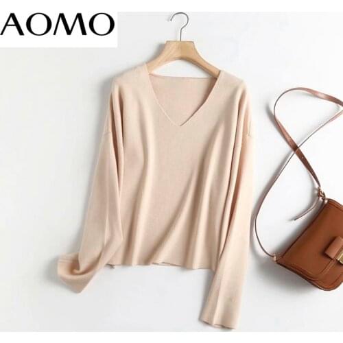 AOMO Women High Quality Elegant Oversized Knitted Sweater Jumper V Neck Female Pullovers Chic Tops 4C26A