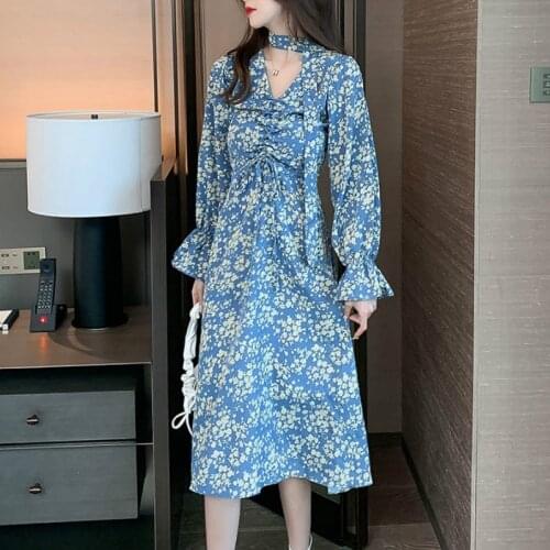 Women v-neck Chiffon Dress 2020 Spring Autumn Fashion Female Long Sleeve Vintage Printed Floral Casual Dresses A-line Vestidos