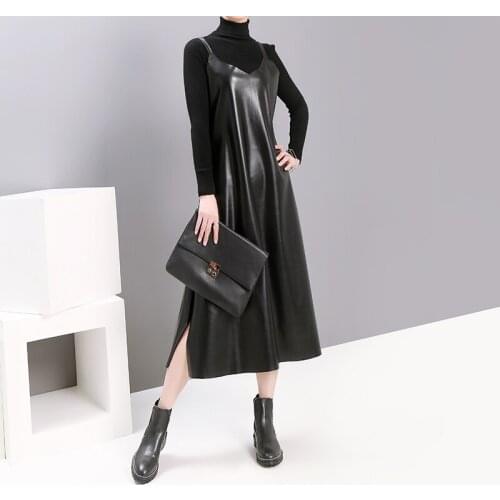 2021 New Fashion Spring Autumn Winter Women Lady Elegant Sexy V-Neck Casual Office Big Size PU Spaghetti Strap Slim Midi Dress