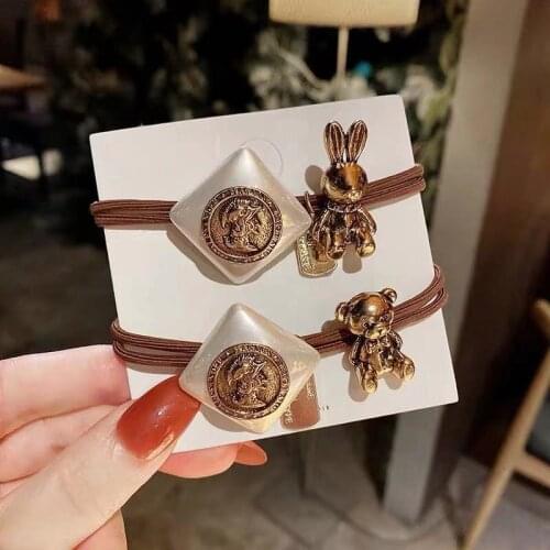 Anime Hair Bands Wholesale 2 Pcs Set Vintage Elastic Pearl Cute Bear Cartoon Rabbit Rubber Geometric Metal Headwear For Women