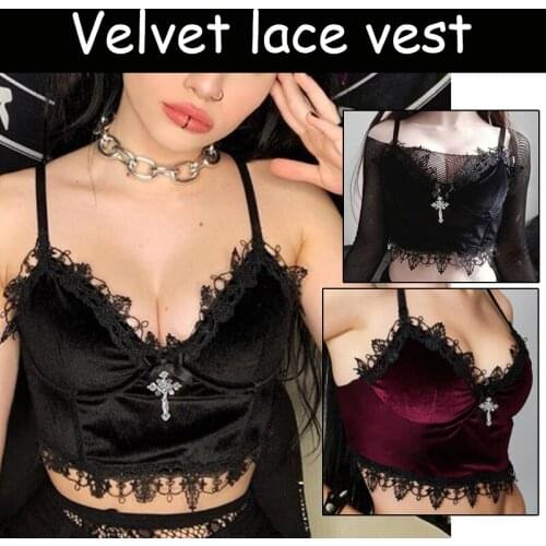 Velvet Goth Crop Tops Black Lace Trim Camisole Alternative Aesthetic Crop Tops Retro Grunge Women Backless Sexy Strap Tanks