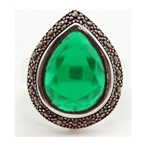 FREE SHIPPING 25*20mm FACETED DROP GREEN JADE MARCASITE 925 SILVER RING SIZE 7/8/9/10