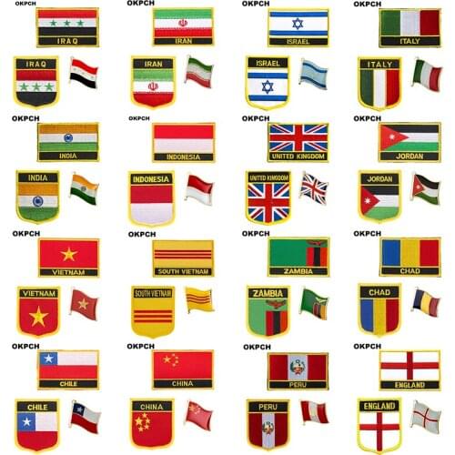 Chile Chad Zambia Vietnam Jordan National Flag Embroidered Iron on Patches for Clothing Metal badges DIY Saw on Patches